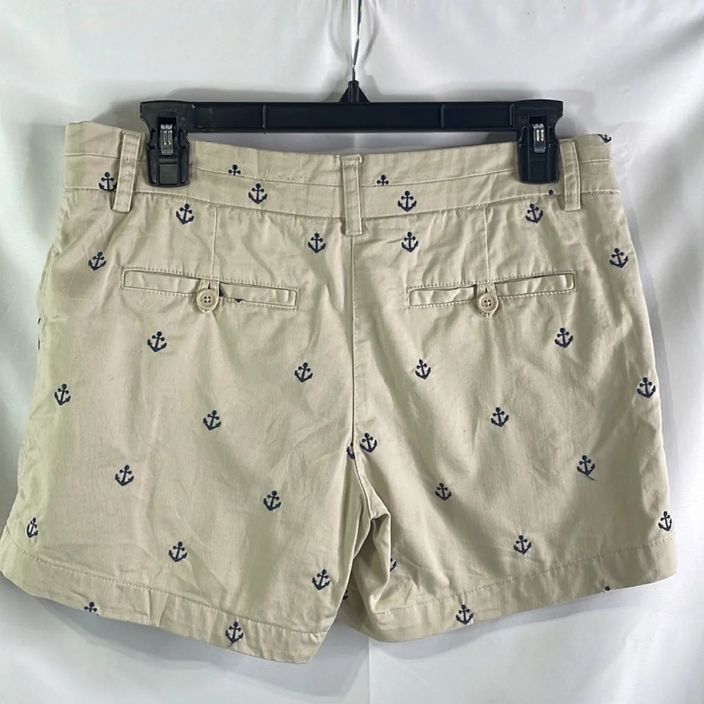 British Khaki Tan flat front shorts with navy anchors Embroidered